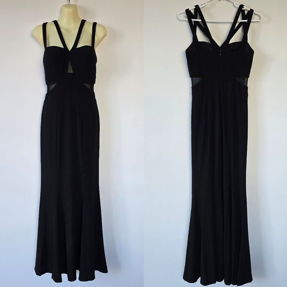 XSCAPE Maxi Gown Black Cut Out Sleeveless V Neck Sheath Sheer Sexy  Dress Size 4 - Picture 1 of 10